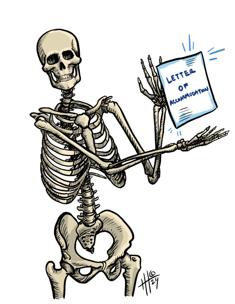 A skeleton displaying a letter or accomodation